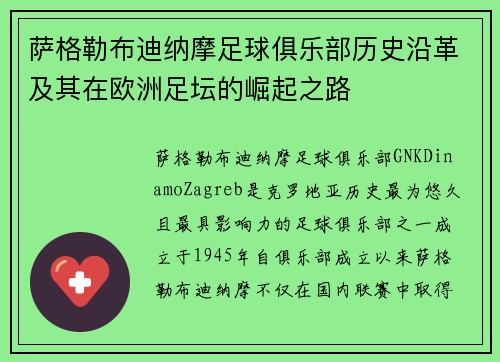 萨格勒布迪纳摩足球俱乐部历史沿革及其在欧洲足坛的崛起之路