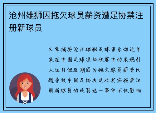 沧州雄狮因拖欠球员薪资遭足协禁注册新球员